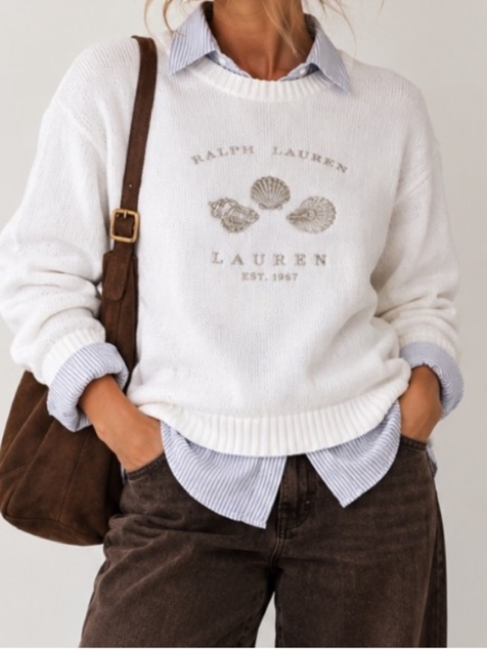 Vintage Lauren Ralph Lauren White Cotton Knit Seashell Embroidered Sweater M-L